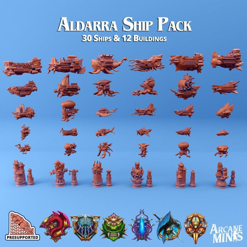Aldarra Ship Pack - ALL ships - Fleet Scale | Arcane Minis - Skies of Sordane - Airship - Aldarra Ship Set - D & D, Frigate, Spelljammer